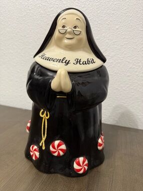 Heavenly Habit Nun Cookie Jar - Black & Cream with Red Peppermint Accents